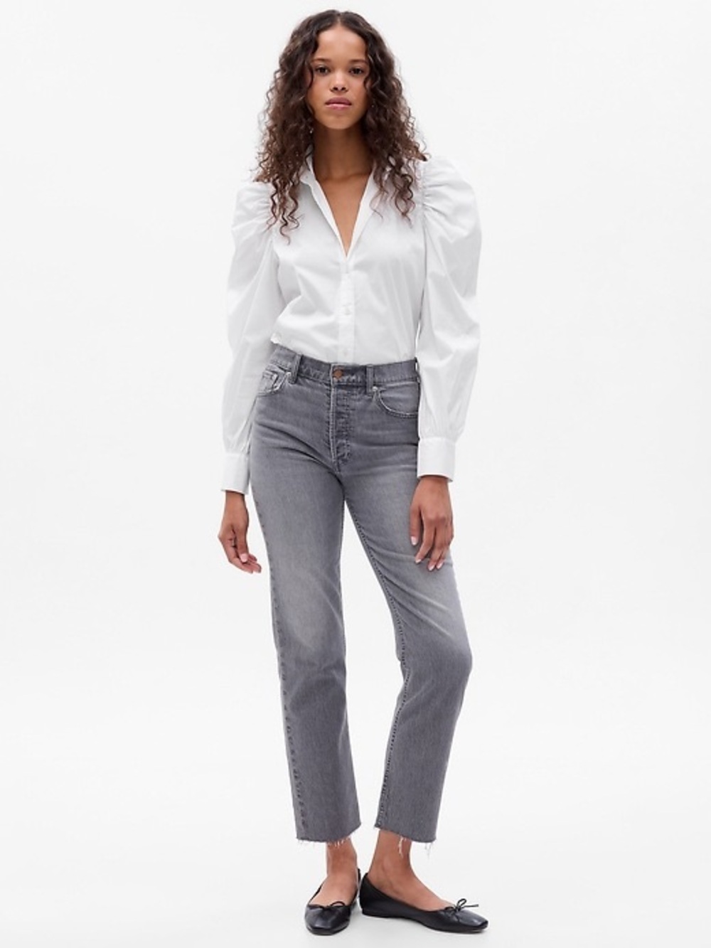 GAP White Puff-Sleeve Button-Front Blouse